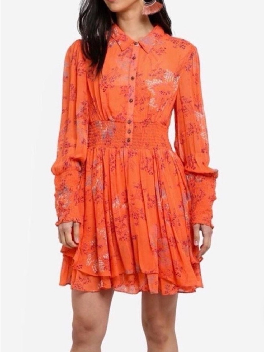 EUC Free People Fake Pretend Babydoll Dress | Orange Floral Smocked Mini